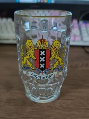 Vintage Amsterdam Coat of Arms Heavy  Glass Beer Mug - Made in Italy - Gold Rim